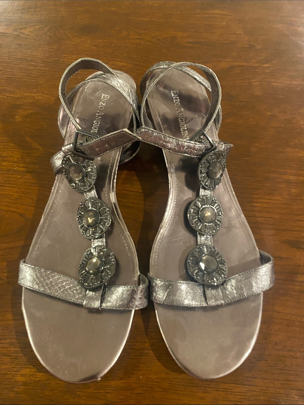 Enzo Angiolini Pewter T-Strap Embellished Sandals